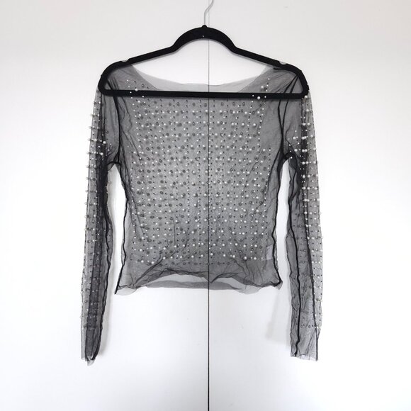 Women's Pearl Rhinestone See Through Long Sleeve Mesh Blouse Black - Picture 7 of 8